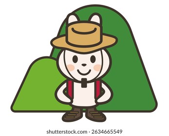 Illustration of a cute rabbit in outdoor clothing and mountains