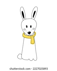 Ilustración de un conejo lindo con una bufanda. La liebre al estilo de doodle. Ilustración a mano de un conejo sobre fondo blanco para una postal, impresión, embalaje, etiqueta, logotipo, libro infantil.

