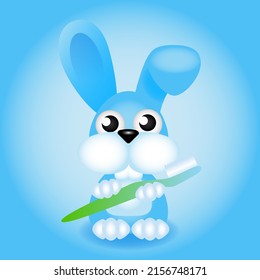 Illustration of cute rabbit with toothbrush in blu color