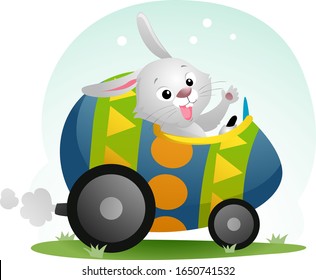 Illustration of a Cute Rabbit Waving an Driving an Egg Shaped Car for Easter