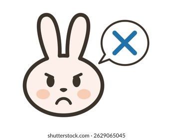 Illustration of a cute rabbit's face with a cross mark and an angry expression