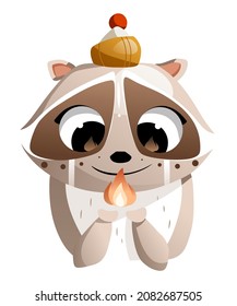 Illustration of a cute raccoon looking at the fire.