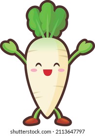 Illustration of a cute radish character who is pleased with both hands raised