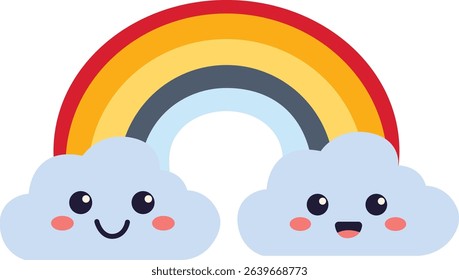 Illustration of a cute rainbow with smiling clouds. Perfect for cheerful, playful designs, weather themes, or children’s content.