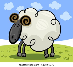 Illustration of Cute Ram or Sheep Farm Animal Cartoon Character on the Pasture