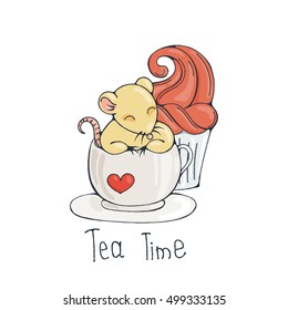 Illustration with cute rat in a cup of tea or coffee with cupcakes. Vector image.