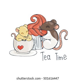 Illustration with cute rat in a cup of tea or coffee with cupcakes. Vector image.