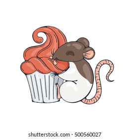 Illustration with cute rat with cupcakes. Vector image.