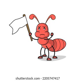 illustration of a  cute red ant holding a white flag and saying surrender