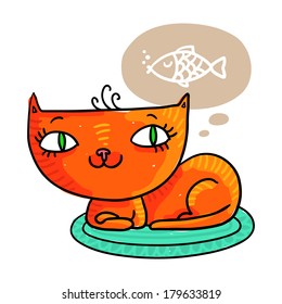 Illustration of a cute red cat dreaming of a fish, isolated on white
