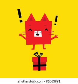 Illustration of cute red cat and his present in a box. Useful for birthday postcards.