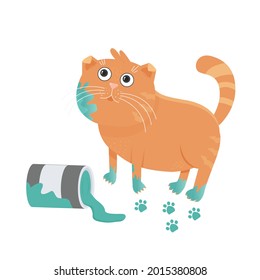 Illustration with a cute red cat who spilled paint and smeared paws