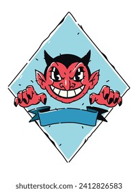 Illustration of a cute red demon. Vector. Devil, Lucifer is a cartoon not a children's character. Hero mascot for comics. Picture for T-shirt design. Place for text on the ribbon.