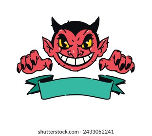 Ilustración de un lindo demonio rojo. Vector. Diablo, Lucifer es un dibujo animado no un personaje infantil. Mascota de héroes para cómics. Imagen para diseño de camiseta. Colocar para texto en la cinta de opciones.