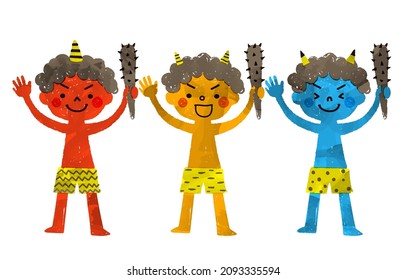 It Is An Illustration Of A Cute Red Demon, Yellow Demon, And Blue Demon.Easy-to-use Vector Material.