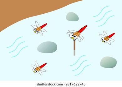 An illustration of cute red dragonflies gathering by the water's edge