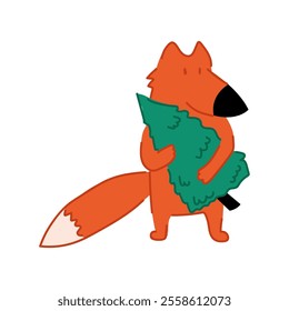 An illustration of a cute red fox holding a Christmas tree. Doodle forest animal. Winter holiday print.