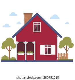 illustration of cute red house with trees. Vector flat illustrations