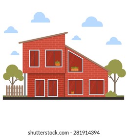 illustration of cute red house with trees. Vector flat illustrations