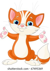 Illustration of cute red kitten raising his hands