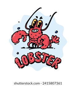 Illustration of a cute red lobster. Vector. Crustacean cartoon children's character. Hero mascot for comics or company. Picture for T-shirt design. Red shrimp with claws.