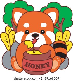 Illustration of Cute Red Panda activities.
Icon of funny red panda sticker elements.
A red panda enjoy it honey in the pot.