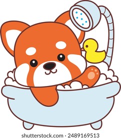 Illustration of Cute Red Panda activities.
Icon of funny red panda sticker elements.
A red panda take a bath with duck toy.