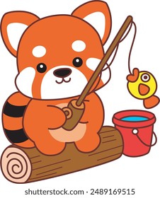 Illustration of Cute Red Panda activities.
Icon of funny red panda sticker elements.
A red panda fishing  a fish with bucket in the side.