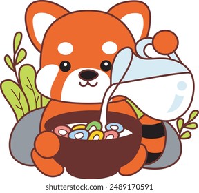 Illustration of Cute Red Panda activities.
Icon of funny red panda sticker elements.
A red panda pouring milk in the bowl of cereal.