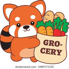 Illustration of Cute Red Panda activities.
Icon of funny red panda sticker elements.
A red panda bring a buck of grocery items.