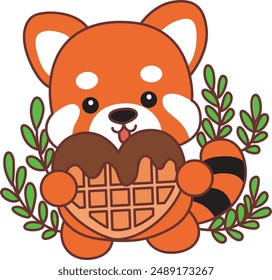 Illustration of Cute Red Panda activities.
Icon of funny red panda sticker elements.
A red panda bring a sweet waffle with chocolate cream.