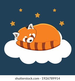 Ilustración con un lindo panda rojo durmiendo en la nube con estrellas. Ilustración de pancartas, pegatinas y afiches para los bebés.