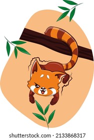 Ilustración del lindo panda rojo que está tratando de obtener algunas hojas del árbol como animal antropomórfico con colores anaranjados