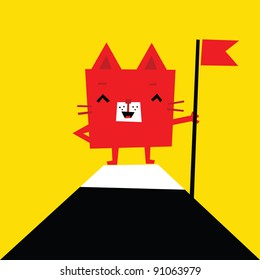 Illustration of cute red square cat standing on the top of mountain.