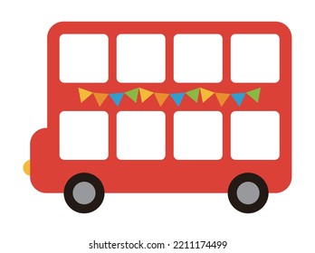 Illustration of a cute red travel tour bus in London, England. There is a garland of colorful flags, and the window is open.