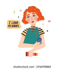 Illustration of a cute red-haired girl with wavy hair. Banner of woman with cosmetic bottles. Portrait of a pensive girl with freckles. Curly girl method concept. Vector.