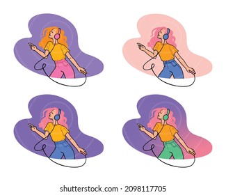 Illustration of a cute redheadgirl who listens to music in dynamic poses.2 hair colors and colorful backgrounds. The file includes a vector illustration with several options for color palettes.