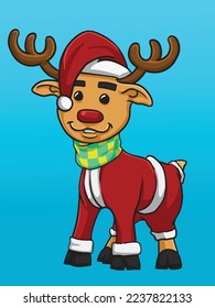 Illustration of a cute reindeer in a Santa hat and jacket.