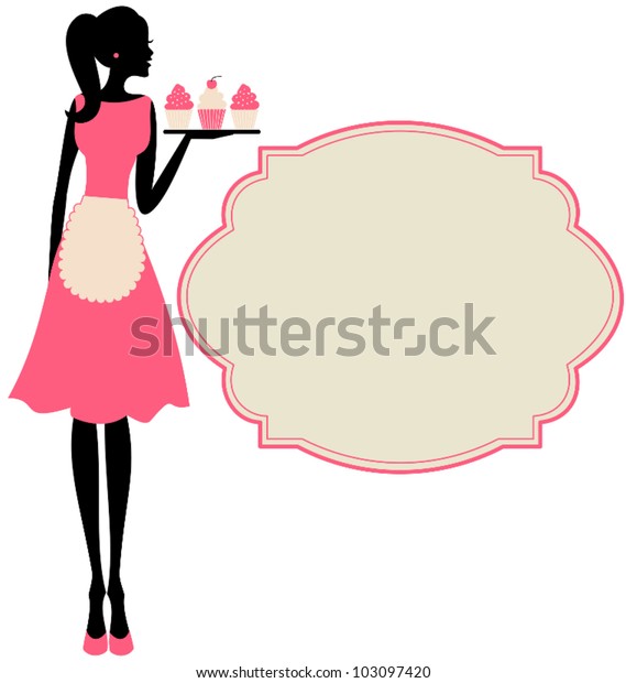レトロなかわいい女の子が お盆にカップケーキを持っているイラスト のベクター画像素材 ロイヤリティフリー