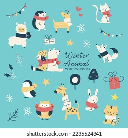 Illustration of cute retro winter animals.