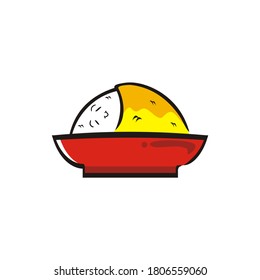Illustration of cute rice character sleeping with an egg blanket