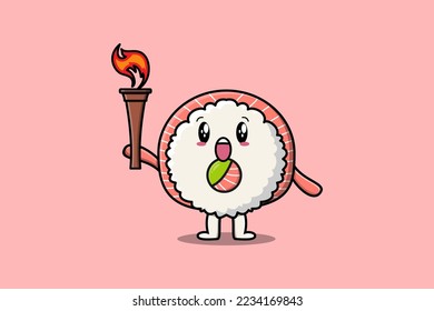 Illustration of cute Rice sushi rolls sashimi cartoon character holding fire torch in flat design