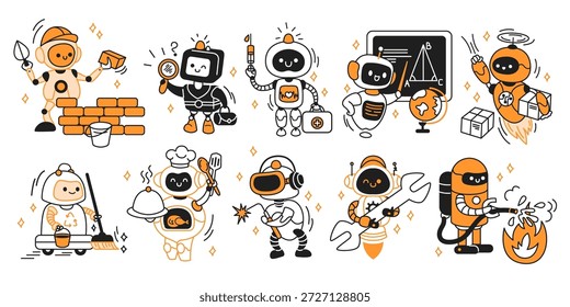 Ilustración de robots lindos que realizan diversos trabajos. Atractivo y colorido, mostrando profesiones como constructor, médico y profesor. Perfecto para materiales educativos.