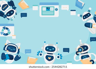 Illustration of cute robots with speech bubbles and digital elements on a blue background.