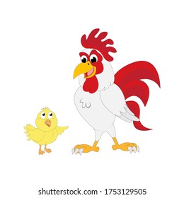 Illustration of cute rooster and chick character design