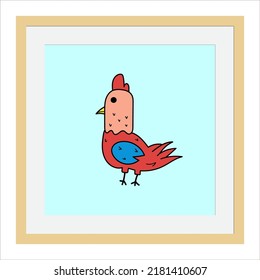 Illustration of a cute rooster. An illustration made by children with their imagination. Suitable for decorating children's rooms, wall posters, printing t-shirts, etc