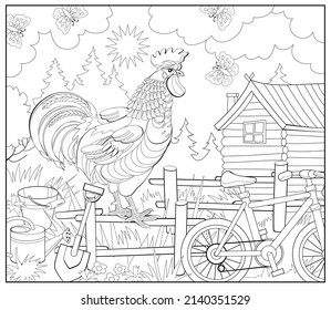 Ilustración de un lindo gallo en la granja matutina. Libro de Colores para niños y adultos. Imagen en estilo zentangle. Animales domésticos. Página imprimible para dibujar y meditar. Vector blanco y negro.