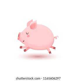 Illustration with cute running pink pig in cartoon style isolated on white. Vector illustration for children.