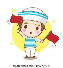 Illustration of cute sailor man character holding flag