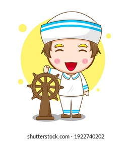 Illustration of cute sailor man character behind steering wheel